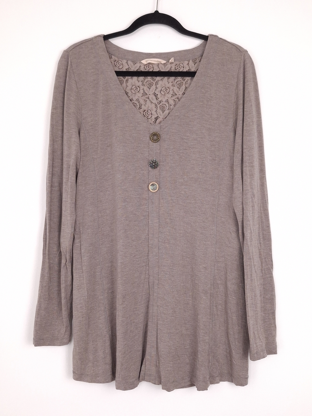 Soft Surroundings Maddalena tunic top soft modal boho artsy chunky buttons taupe